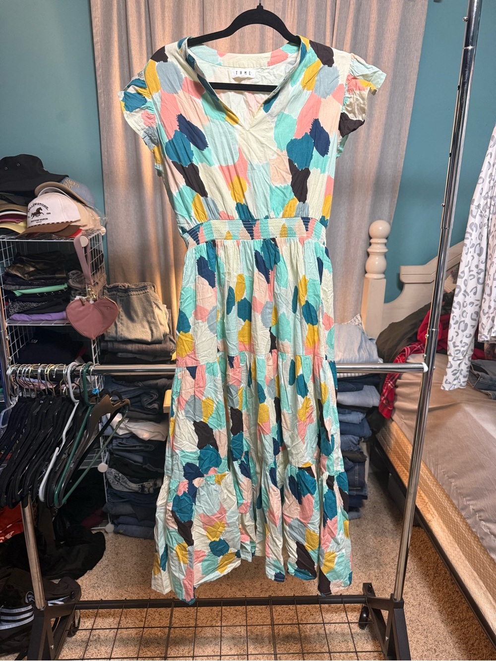 THML Small Abstract Brushstroke Tiered Maxi Dress Smocked Waist 100% Cotton
